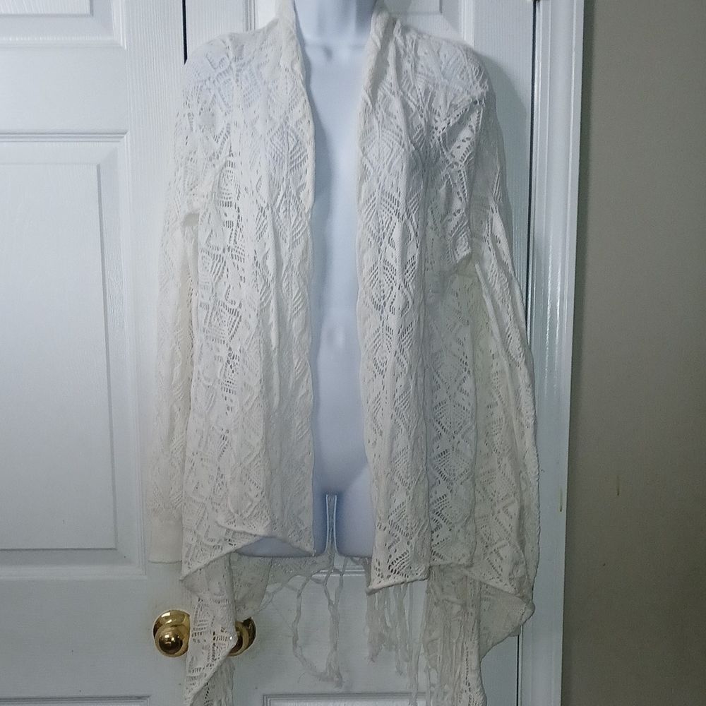 Dream Catcher white fringe open front cardigan Sz L NWT